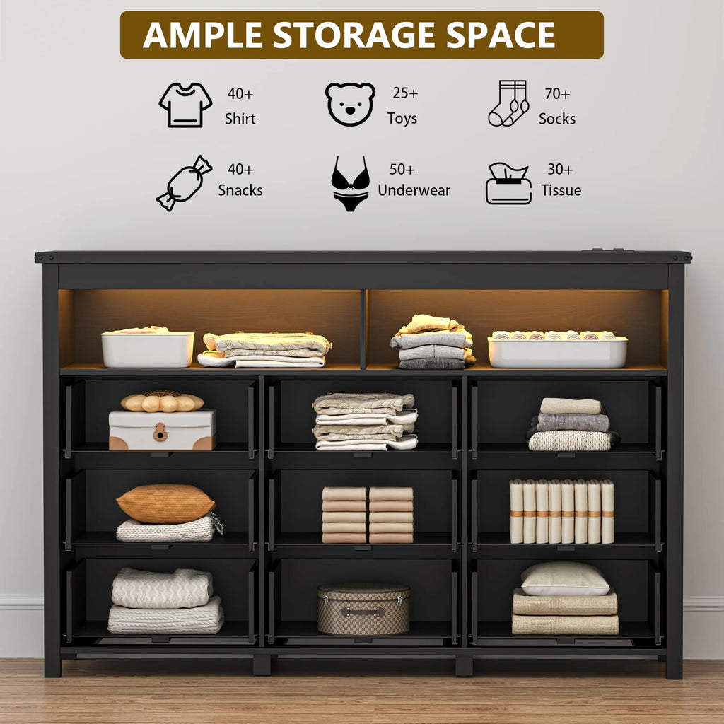 Dresser for Bedroom with 9 Drawers, LED Lights, Power Outlet, Black