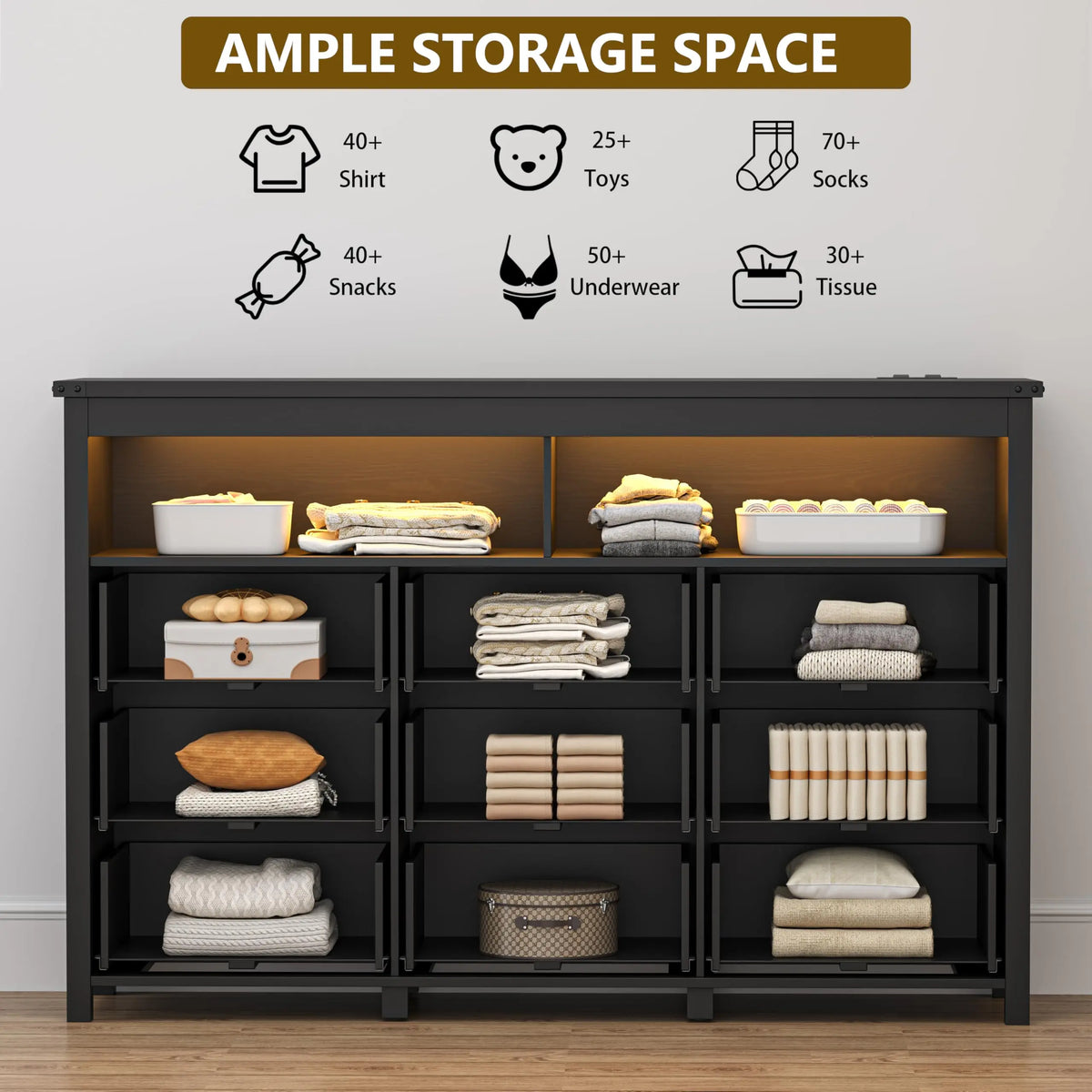 Dresser for Bedroom with 9 Drawers, LED Lights, Power Outlet, Black
