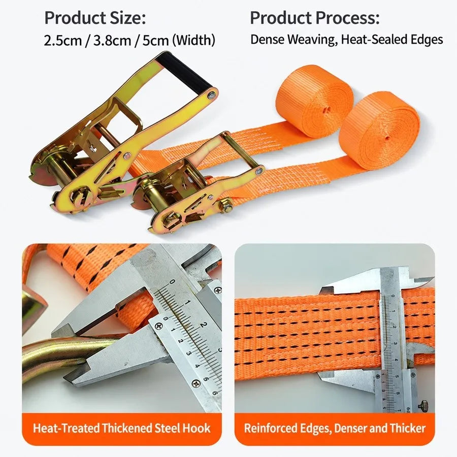 Heavy-Duty Car & Truck Front Cargo Ratchet Strap with Metal Buckle - Adjustable, Secure Tie-Down for Safe Luggage Transport