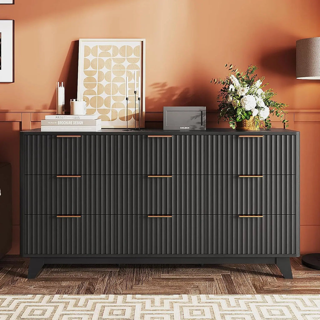 Fluted 57" Wide Modern Dresser With Metal Handle & Curved Profile, Wood Drawer Organizer For Bedroom, Black, Customized