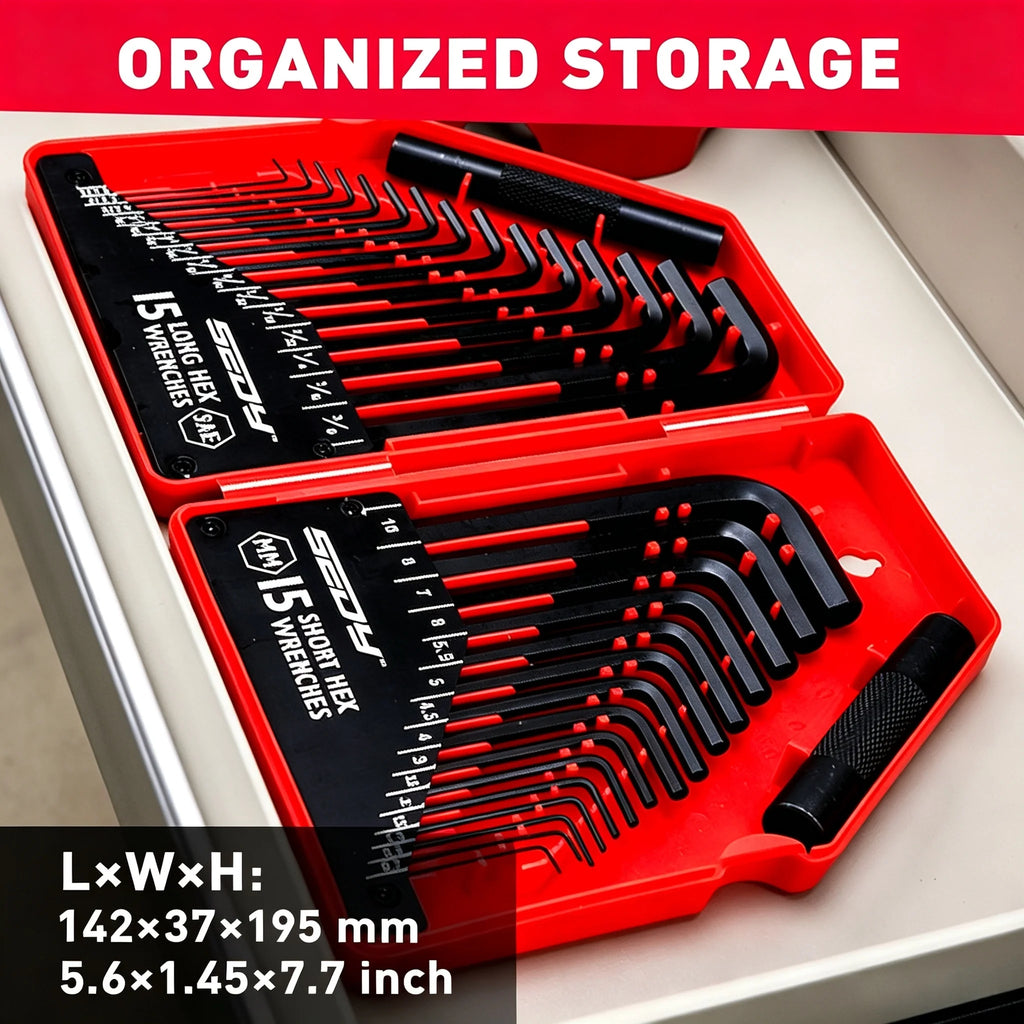 SEDY 32-Piece Hex Key Wrench Set, Metric and SAE Allen Wrenches L Shape Allen Keys, Chrome Vanadium Steelwith 2x Extension Handl