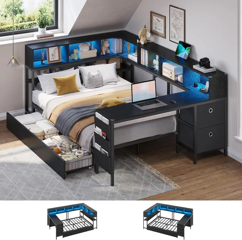 DICTAC Corner Twin Bed Frame with Desk,Charging Station and Bookcase Storage Daybed for Kids/Teen with Storage Drawers