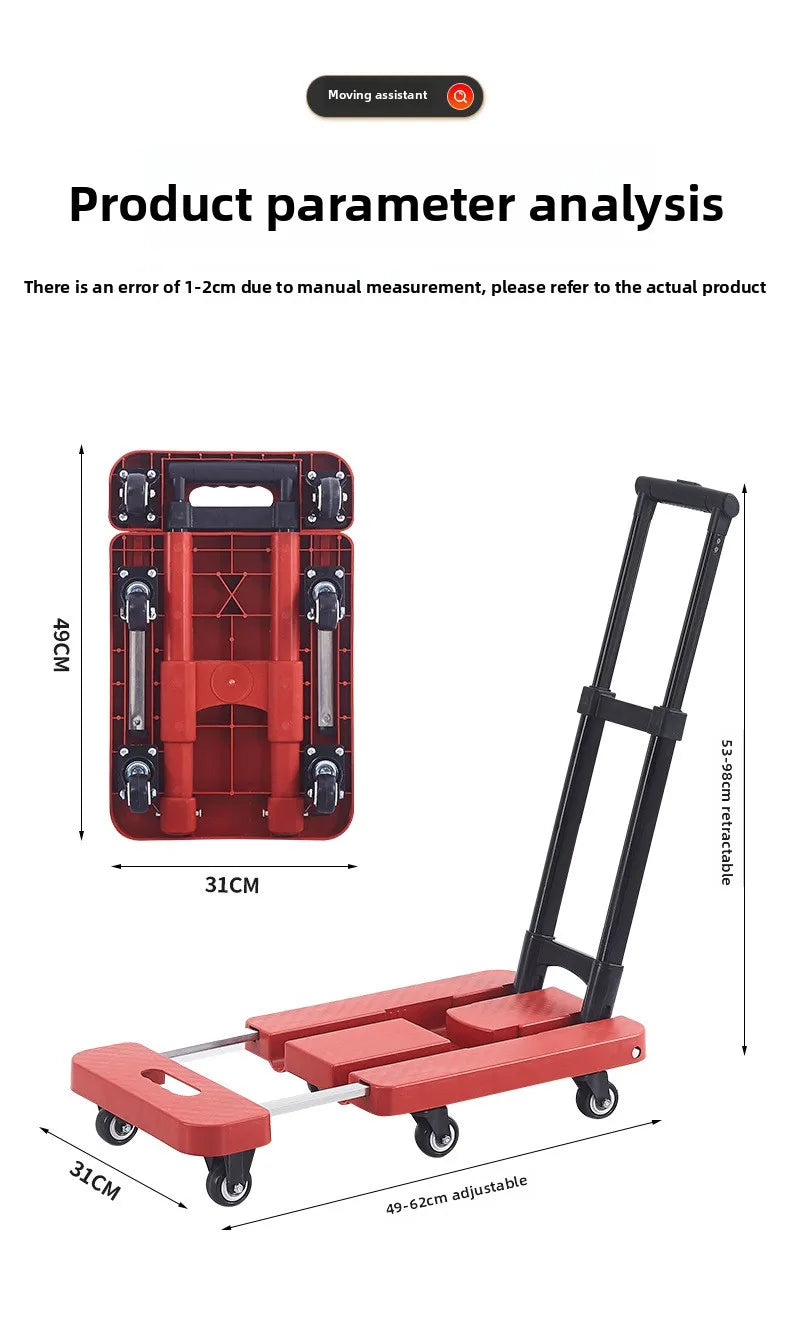 Portable Folding Hand Truck 100kg Load Capacity Home Cargo Flatbed Cart Mute/Regular Wheel Optional Luggage Trailer Drawbar Cart