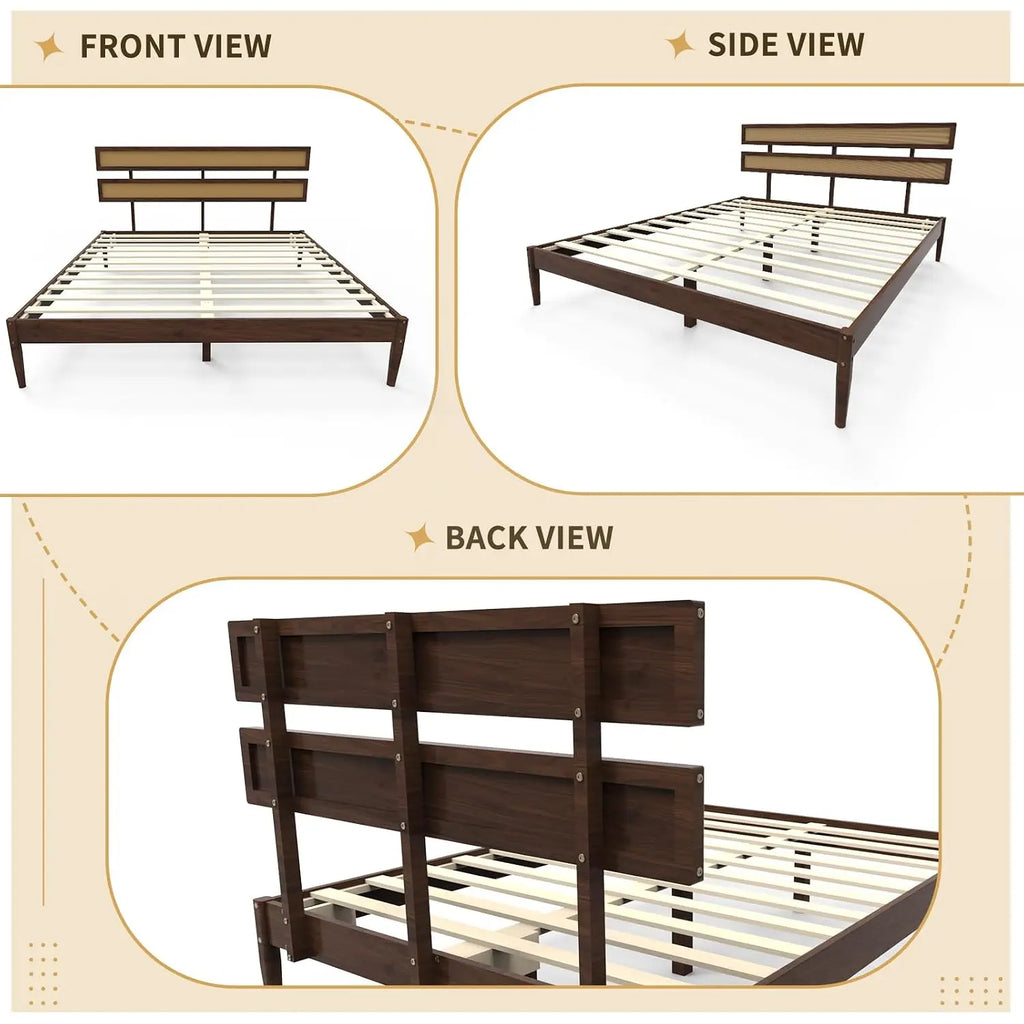 Solid Wood Bed Frame With Headboard, Platform Panel, Brown, Customized