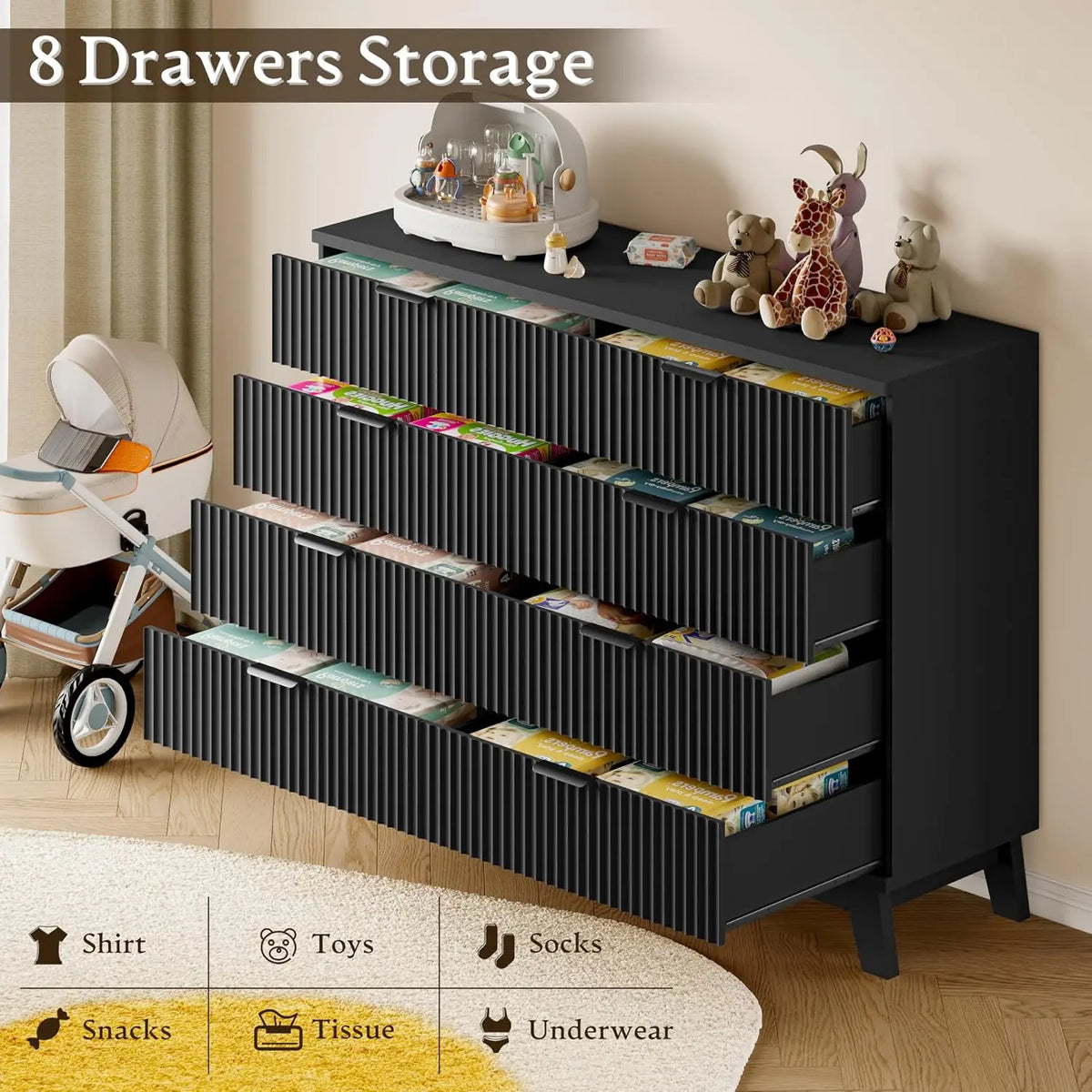 53" 8-Drawer Dresser, Modern Wood Highboy With Metal Slides & Handles, Anti-Tip Kit, Storage For Bedroom Closet, Customized