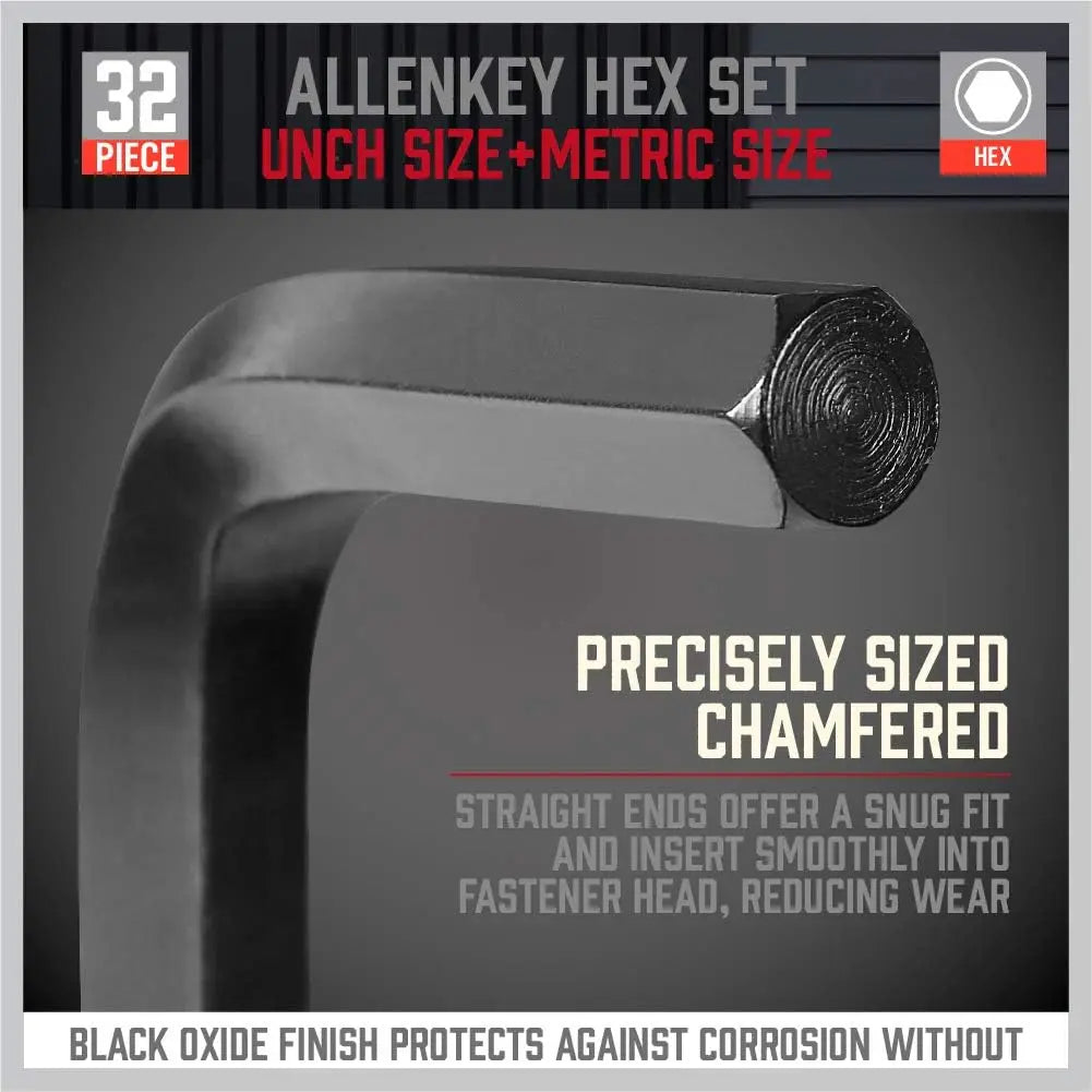 SEDY 32-Piece Hex Key Wrench Set, Metric and SAE Allen Wrenches L Shape Allen Keys, Chrome Vanadium Steelwith 2x Extension Handl