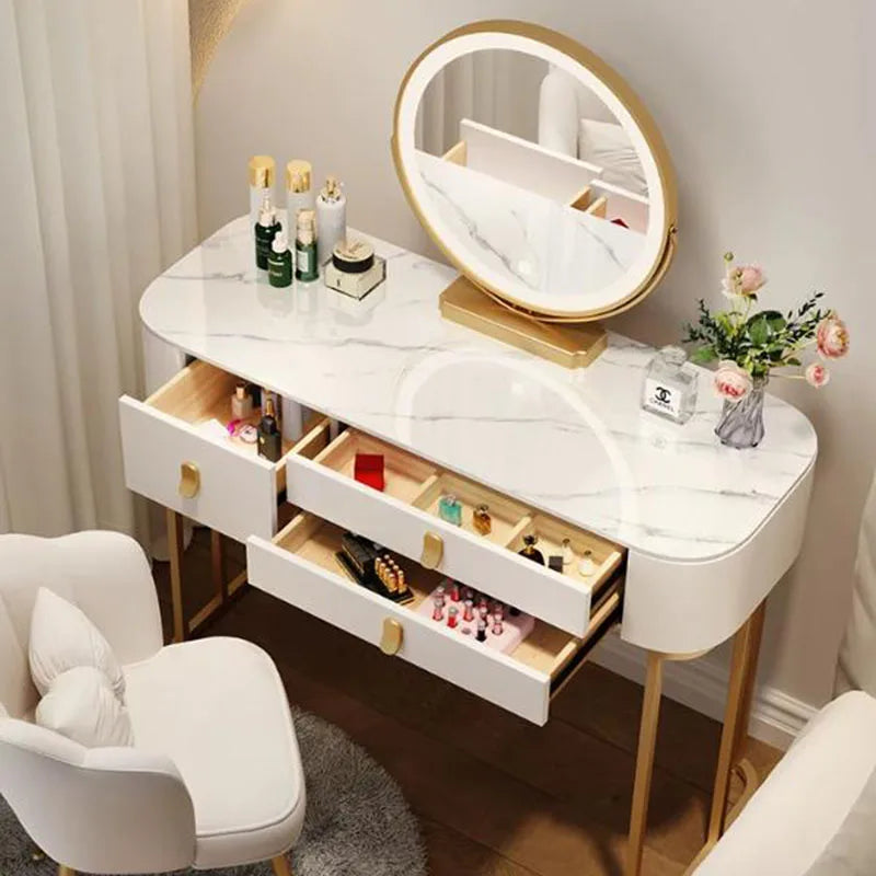 Led Light Mirror Dressing Table Desk Drawers French Wood Vintage Elegant Makeup Vanity Luxury Modern Storage Pink Furniture