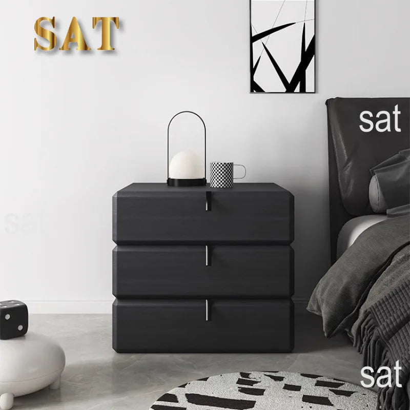 #Italian Style Minimalist Solid Wood Swivel Nightstand with Glass Top Chest Drawers Modern Light Luxury Home Bedroom Furniture