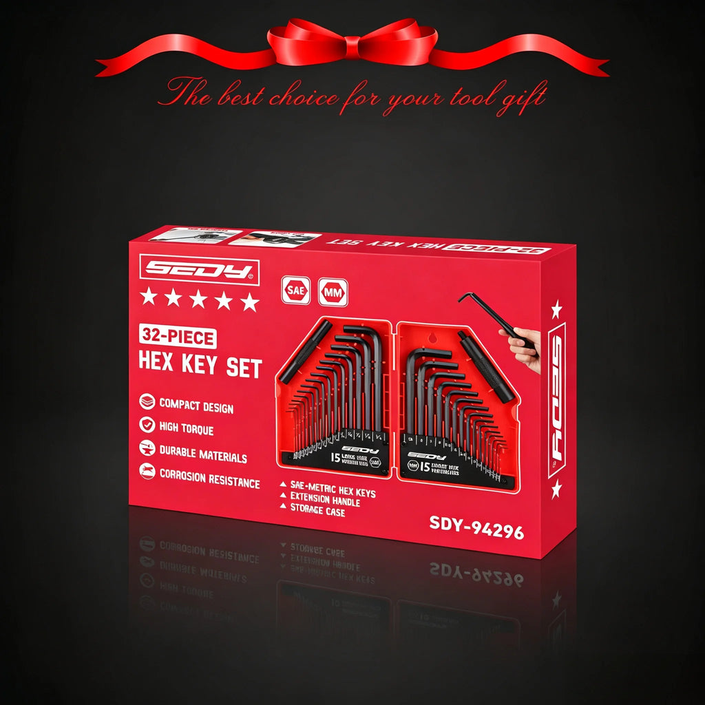 SEDY 32-Piece Hex Key Wrench Set, Metric and SAE Allen Wrenches L Shape Allen Keys, Chrome Vanadium Steelwith 2x Extension Handl