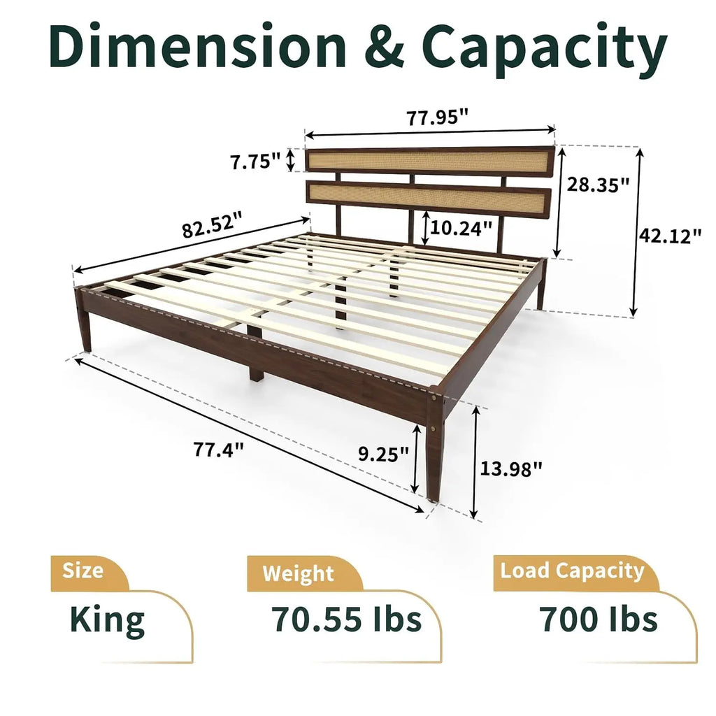 Solid Wood Bed Frame With Headboard, Platform Panel, Brown, Customized