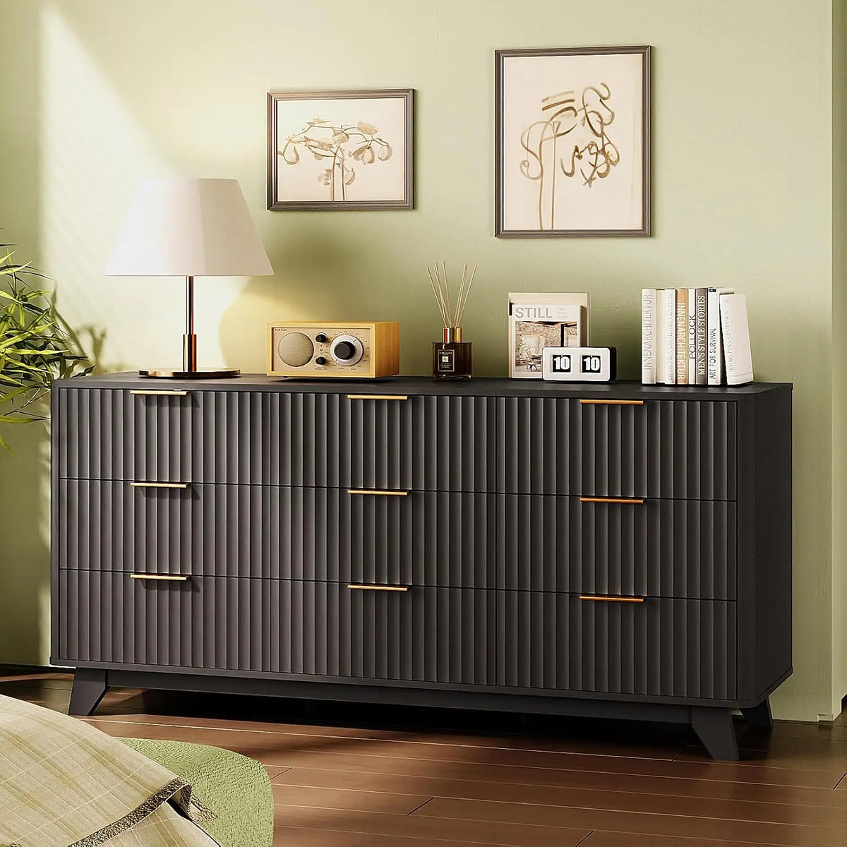 Fluted 57" Wide Modern Dresser With Metal Handle & Curved Profile, Wood Drawer Organizer For Bedroom, Black, Customized