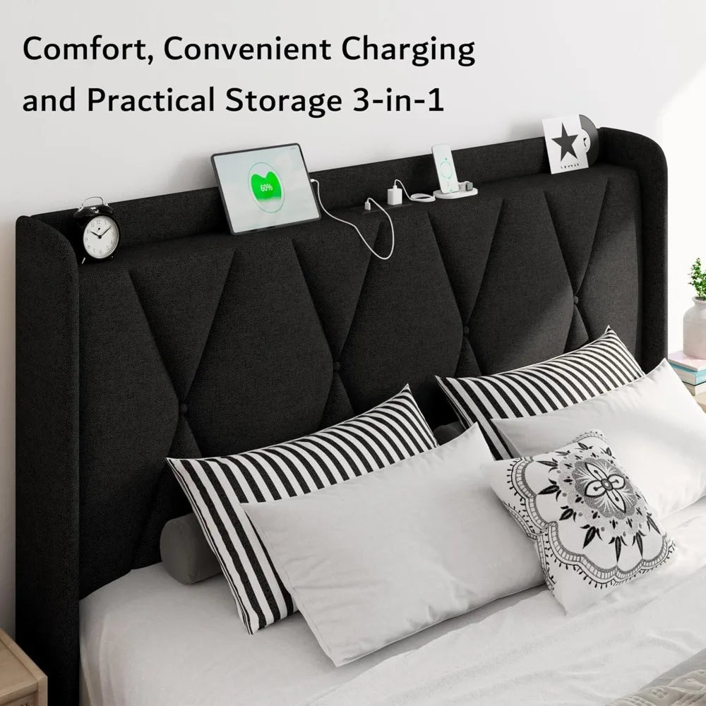 Queen Bed Frame with 4 Storage Drawers, Upholstered Platform Bed Frame with Charging Station, Modern Wingback Storage, Custom