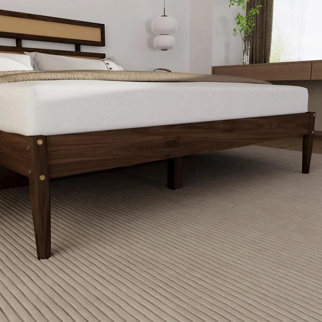 Solid Wood Bed Frame With Headboard, Platform Panel, Brown, Customized
