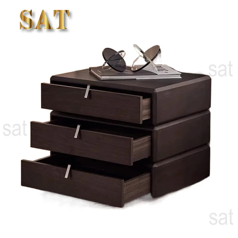 #Italian Style Minimalist Solid Wood Swivel Nightstand with Glass Top Chest Drawers Modern Light Luxury Home Bedroom Furniture