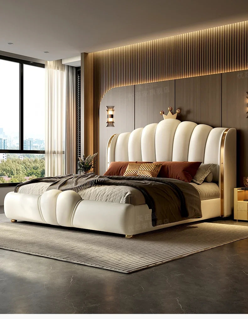Modular Designer Aesthetic Bed Frame King Size Queen Double Bed Frame White Faux Leather Camas Matrimonial Bedroom Furniture