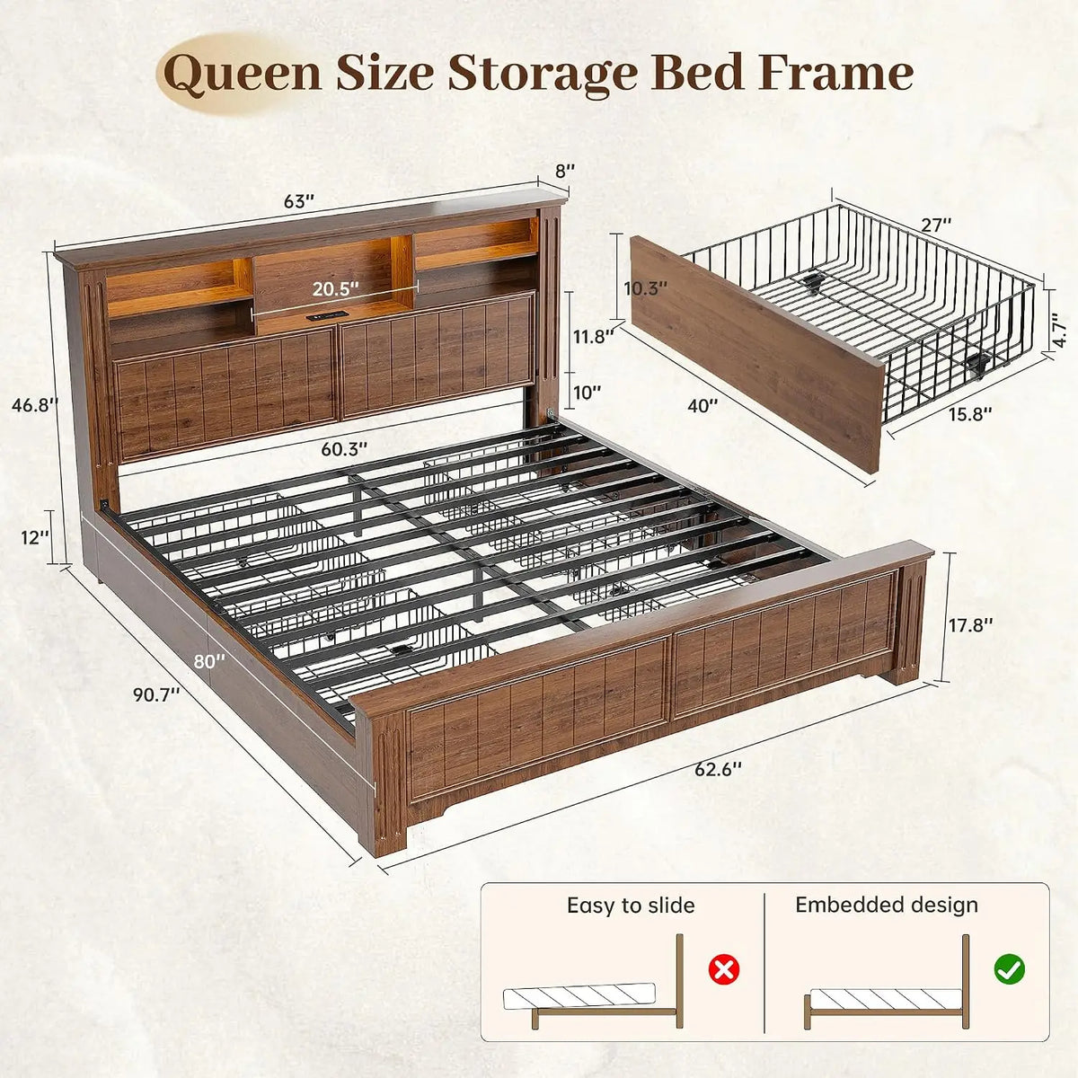 Queen Bed Frame with 4 Storage Drawers and Headboard Shelf,Brown | LED Lights,Built in Charging Station,Noise-Free,No Box Spring