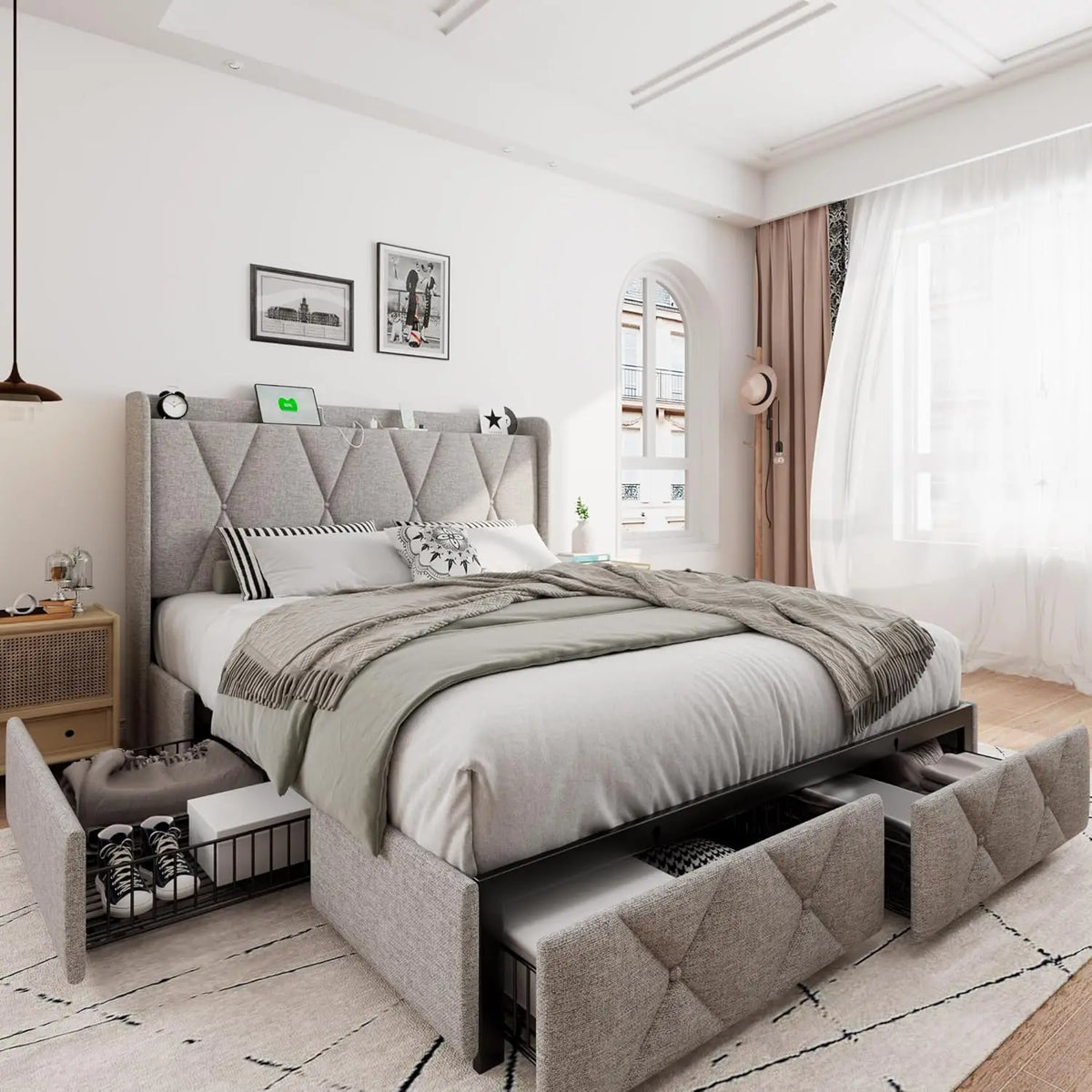 Queen Bed Frame with 4 Storage Drawers, Upholstered Platform Bed Frame with Charging Station, Modern Wingback Storage, Custom