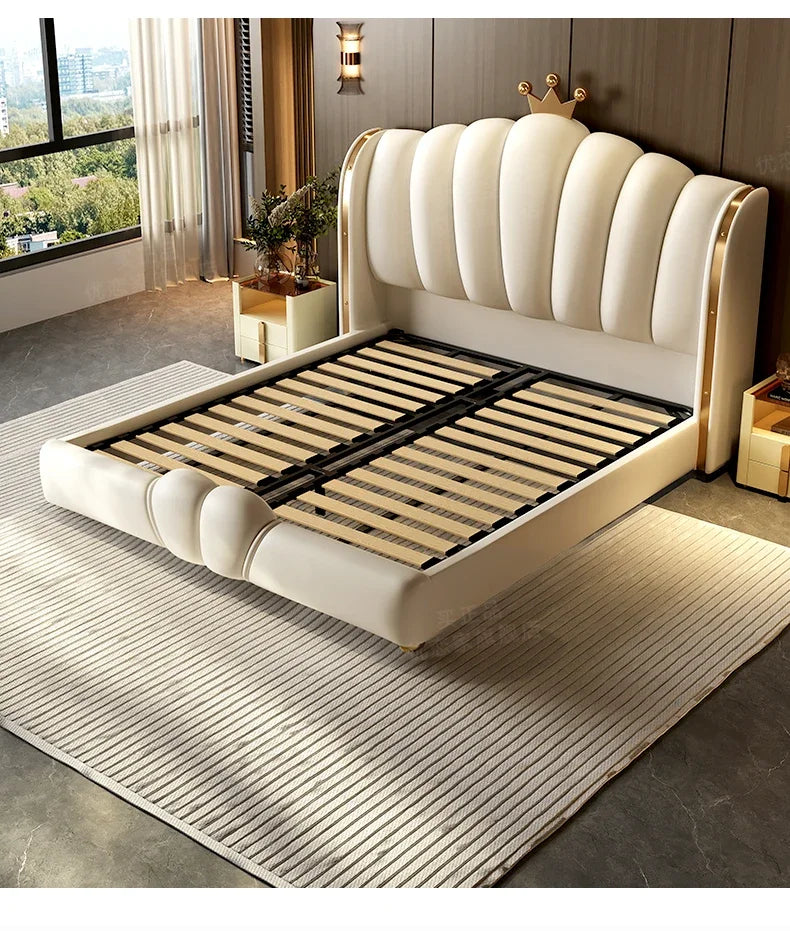Modular Designer Aesthetic Bed Frame King Size Queen Double Bed Frame White Faux Leather Camas Matrimonial Bedroom Furniture