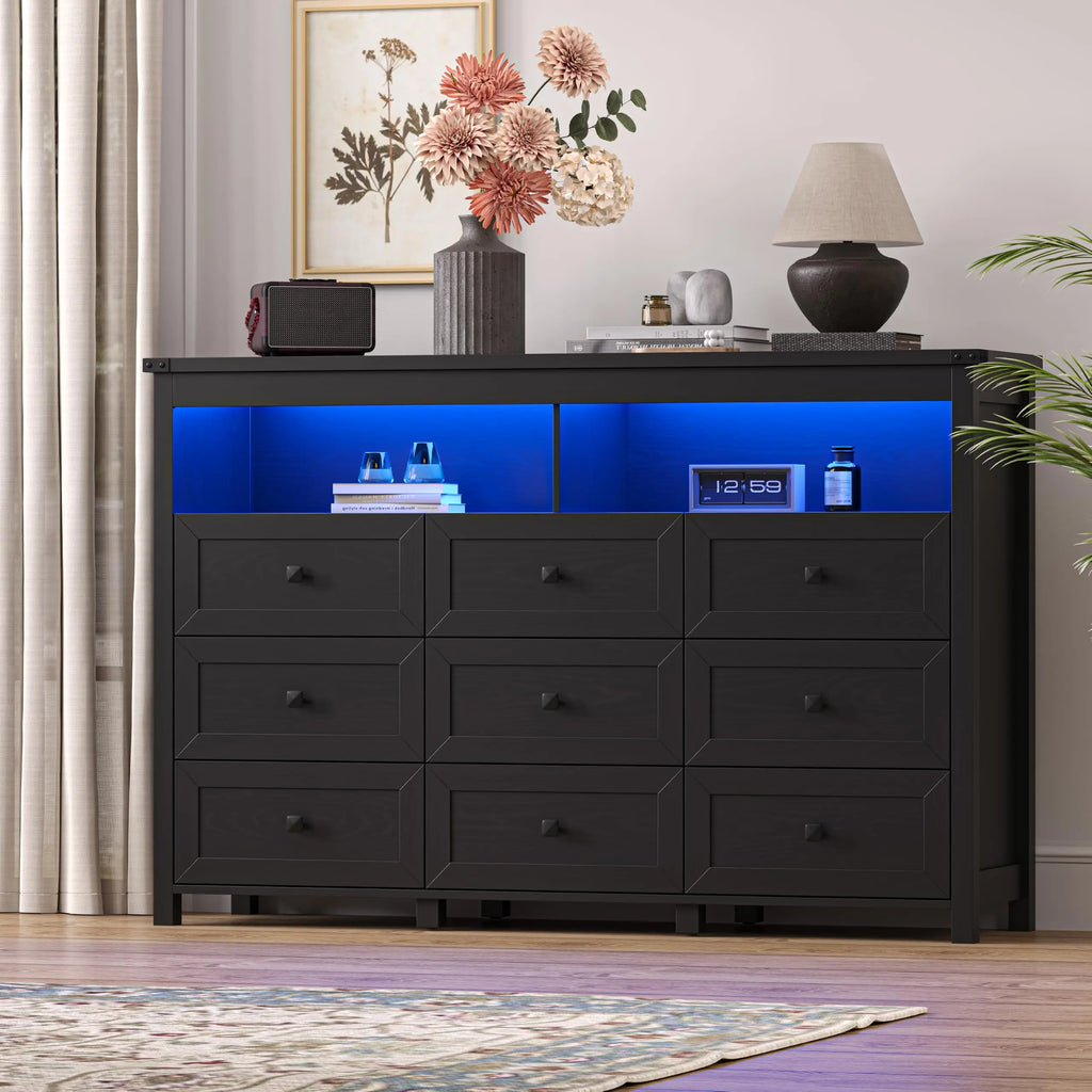 Dresser for Bedroom with 9 Drawers, LED Lights, Power Outlet, Black