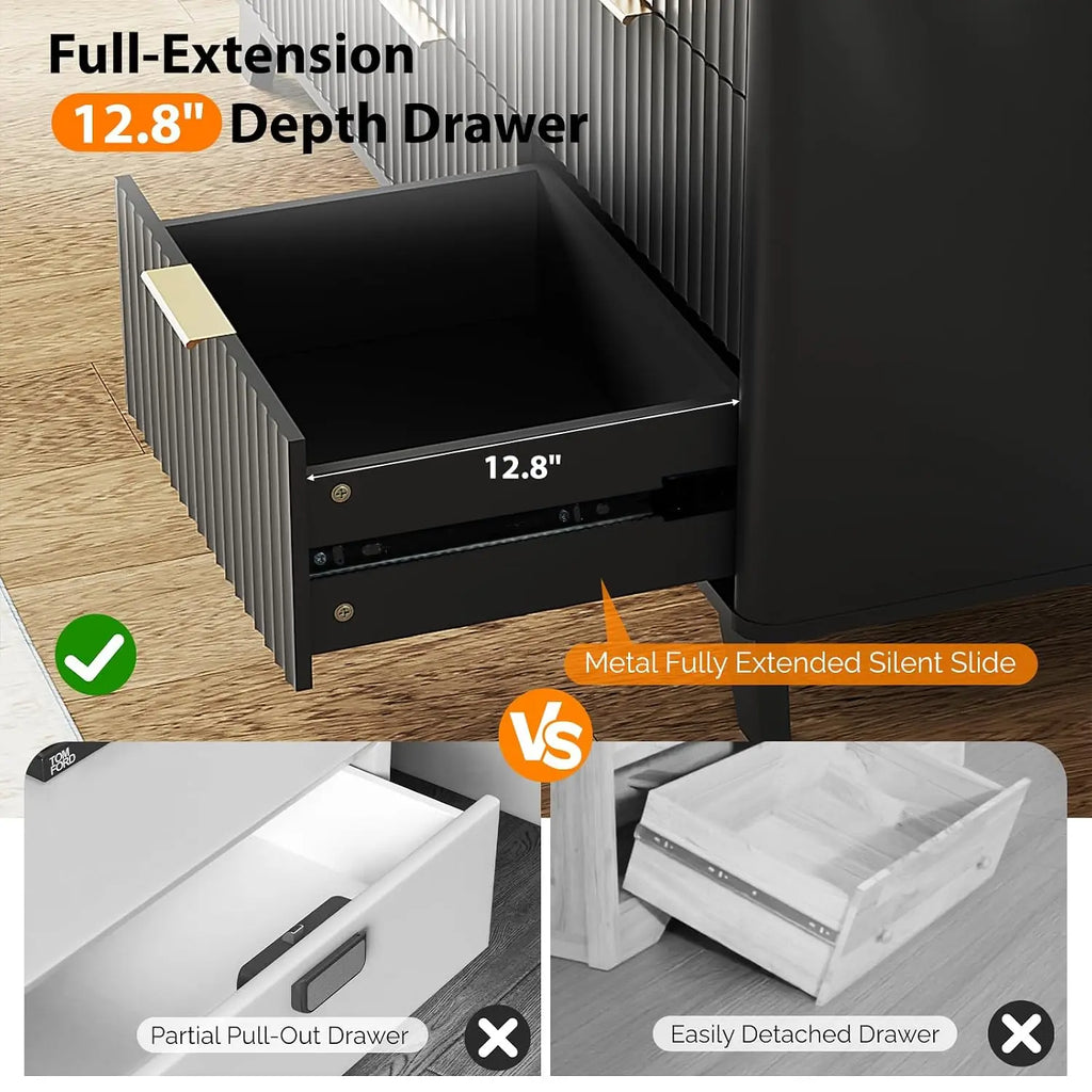 Fluted 57" Wide Modern Dresser With Metal Handle & Curved Profile, Wood Drawer Organizer For Bedroom, Black, Customized