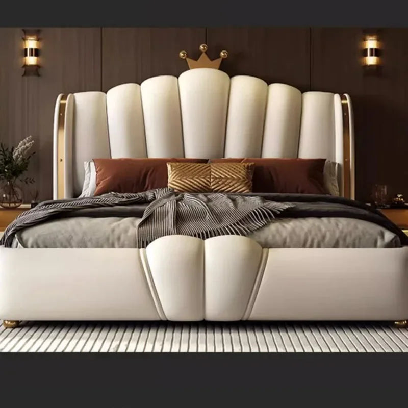 Modular Designer Aesthetic Bed Frame King Size Queen Double Bed Frame White Faux Leather Camas Matrimonial Bedroom Furniture
