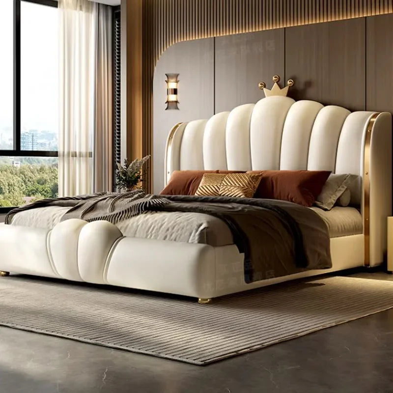 Modular Designer Aesthetic Bed Frame King Size Queen Double Bed Frame White Faux Leather Camas Matrimonial Bedroom Furniture