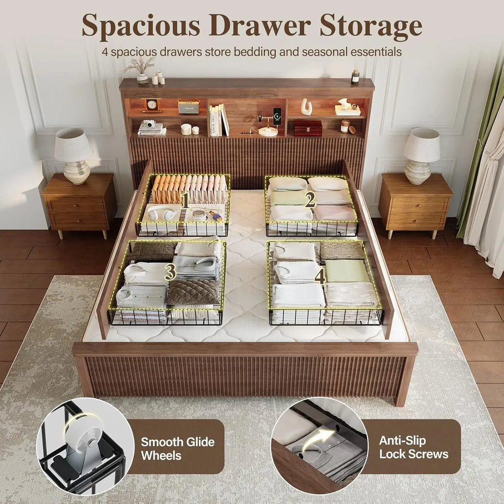 King Bed Frame with 4 Storage Drawers for Bedroom, Customized