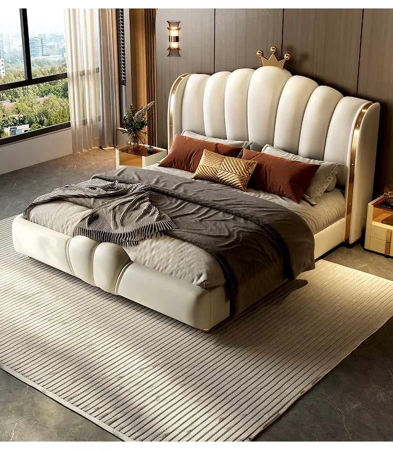 Modular Designer Aesthetic Bed Frame King Size Queen Double Bed Frame White Faux Leather Camas Matrimonial Bedroom Furniture