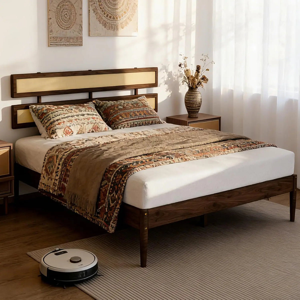 Solid Wood Bed Frame With Headboard, Platform Panel, Brown, Customized