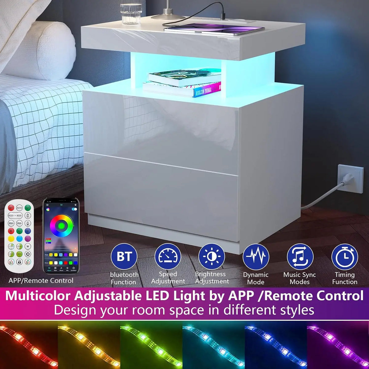 Nightstand LED Light & Charging Station USB Wireless Charging Modern 2 Drawer High Gloss Bedside Table Bedroom, Customized