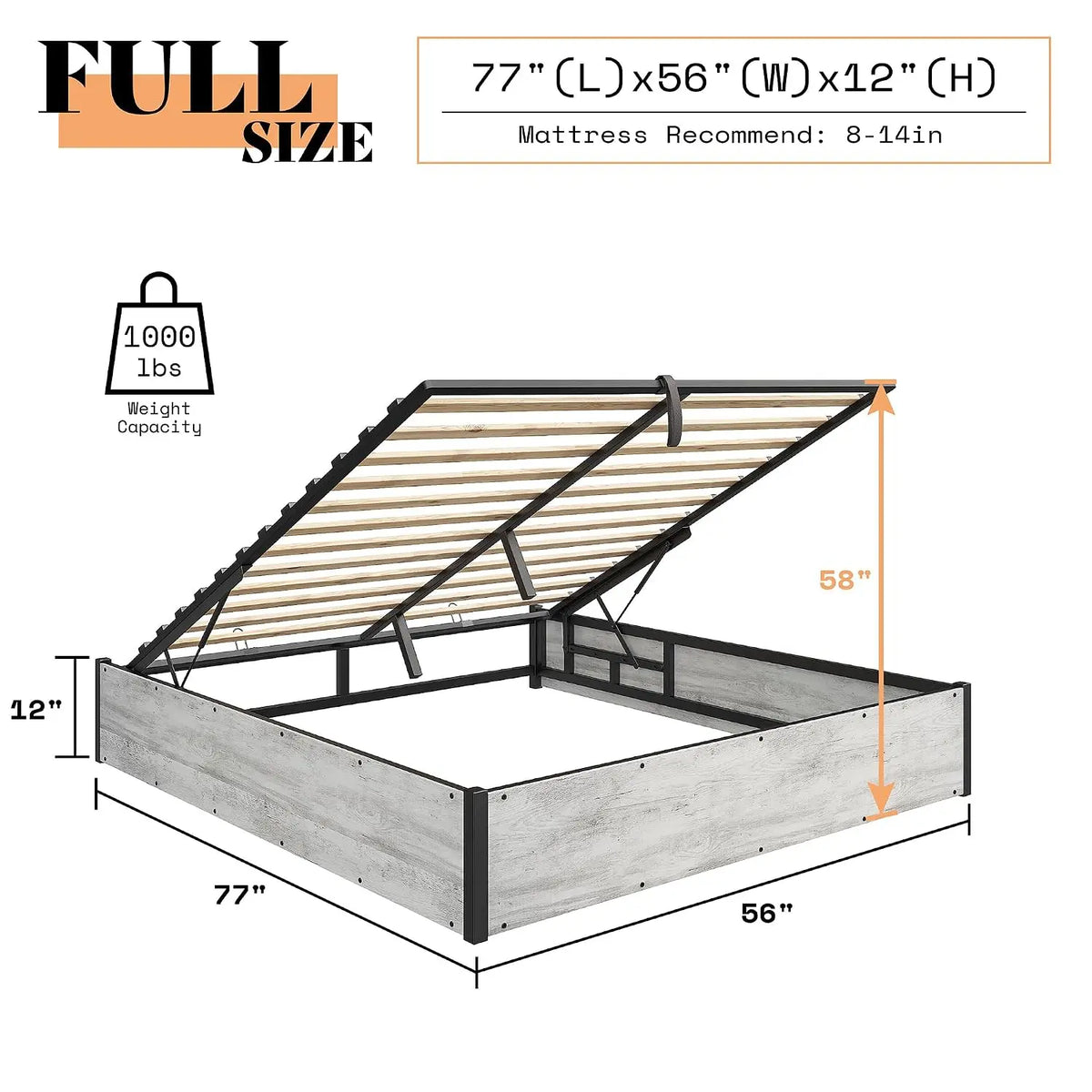 Full Size Lift Up Storage Bed Frame, White Oak, No Box Spring, Space Saving Hidden Storage, No Headboard, Modern Farmhouse, Easy