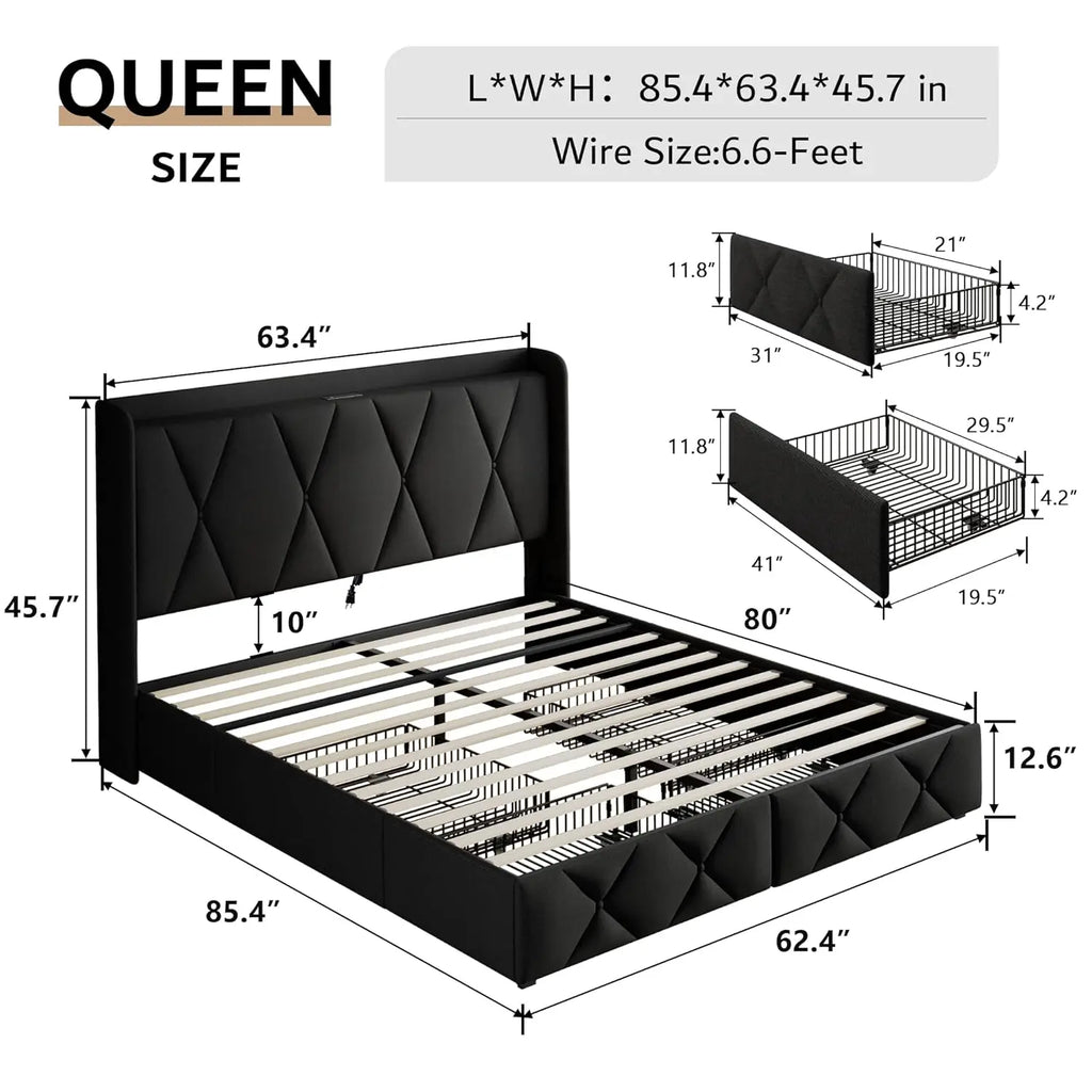 Queen Bed Frame with 4 Storage Drawers, Upholstered Platform Bed Frame with Charging Station, Modern Wingback Storage, Custom