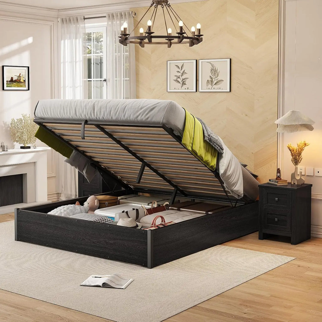 Full Size Lift Up Storage Bed Frame, White Oak, No Box Spring, Space Saving Hidden Storage, No Headboard, Modern Farmhouse, Easy