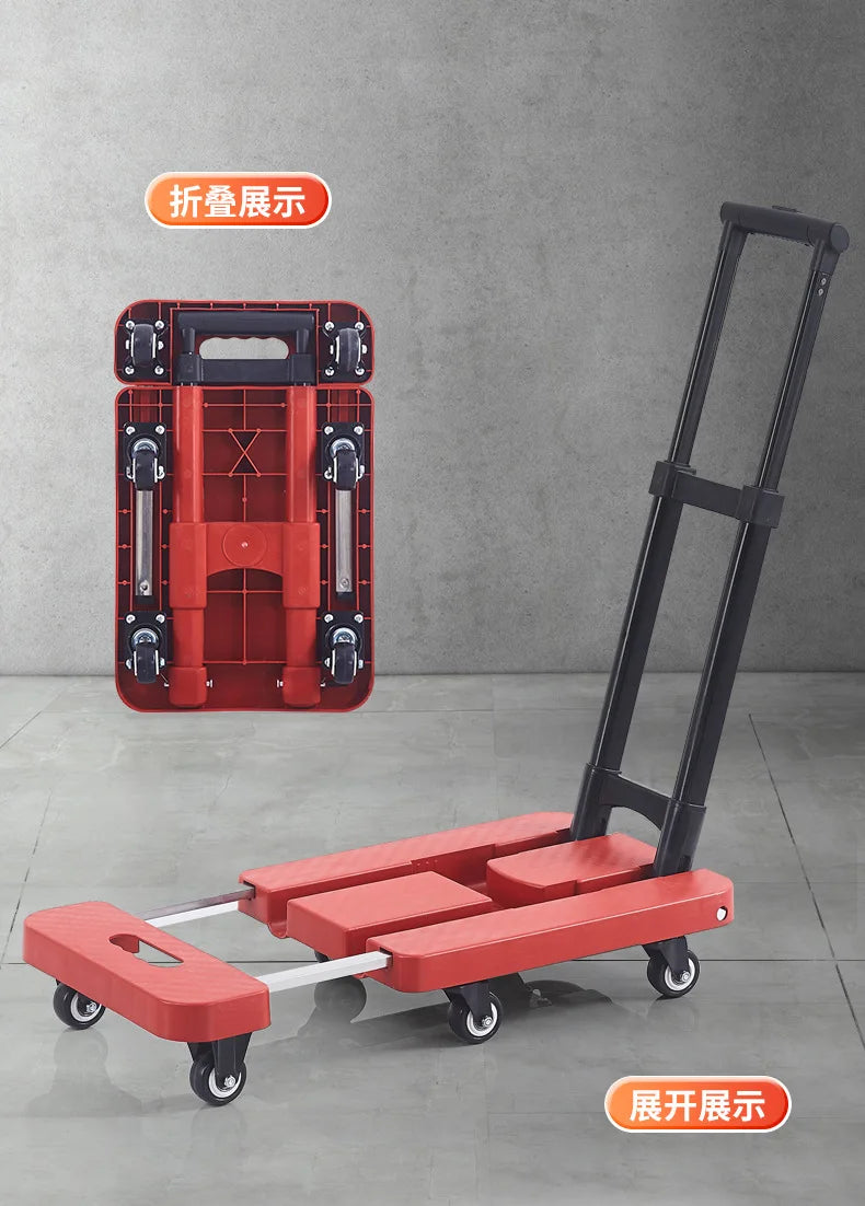 Portable Folding Hand Truck 100kg Load Capacity Home Cargo Flatbed Cart Mute/Regular Wheel Optional Luggage Trailer Drawbar Cart