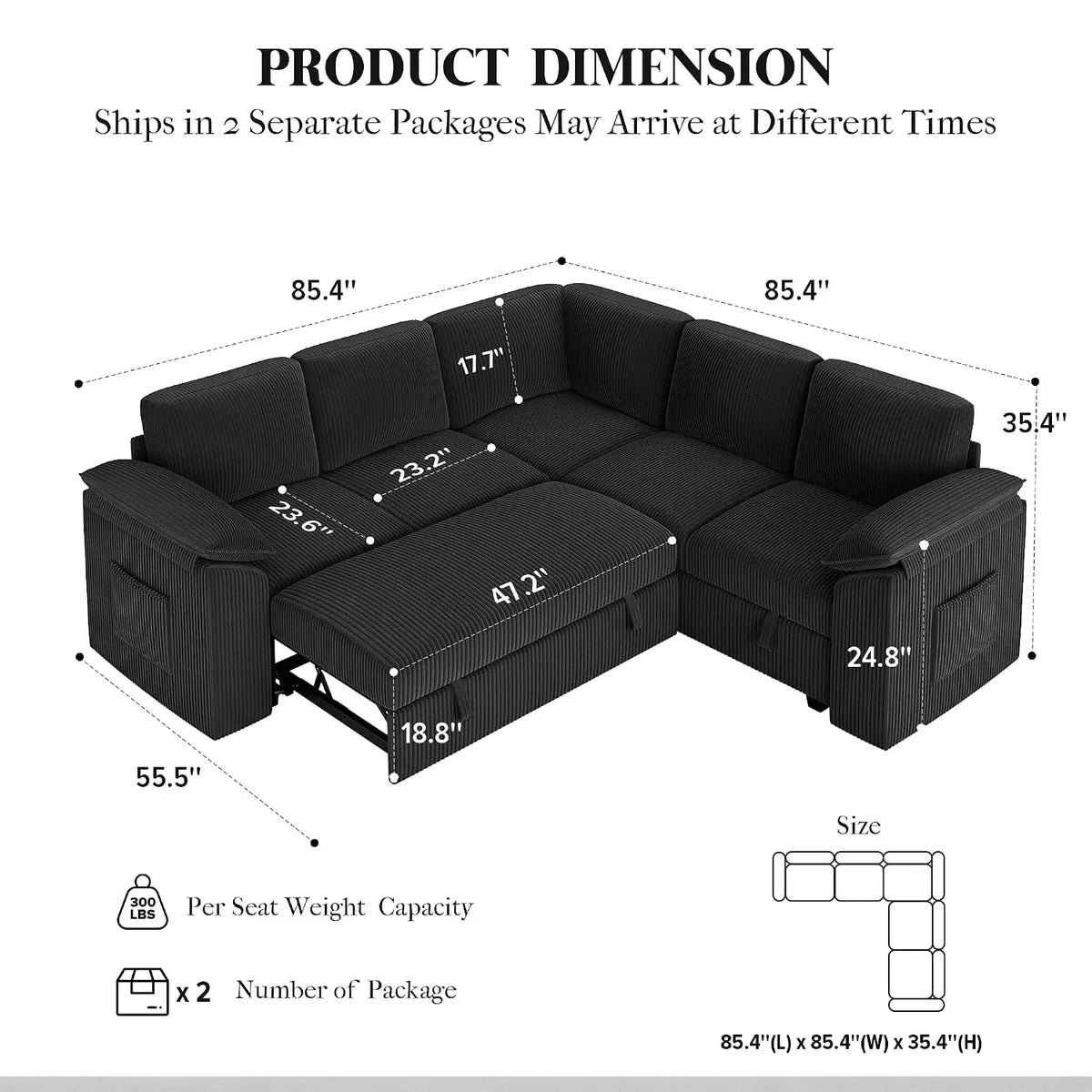 85" Modular Sectional Sleeper Sofa with Pull Out Bed, Black, Customized