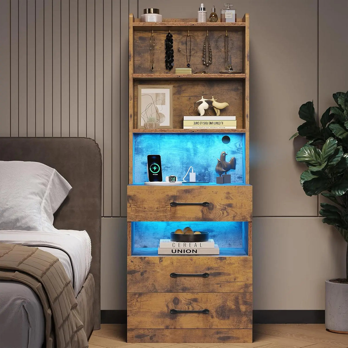 Tall Nightstand with Charging Station & LED, Black Bedside Table with Bookshelf & 3 Drawers, End Table for Bedroom, Customized