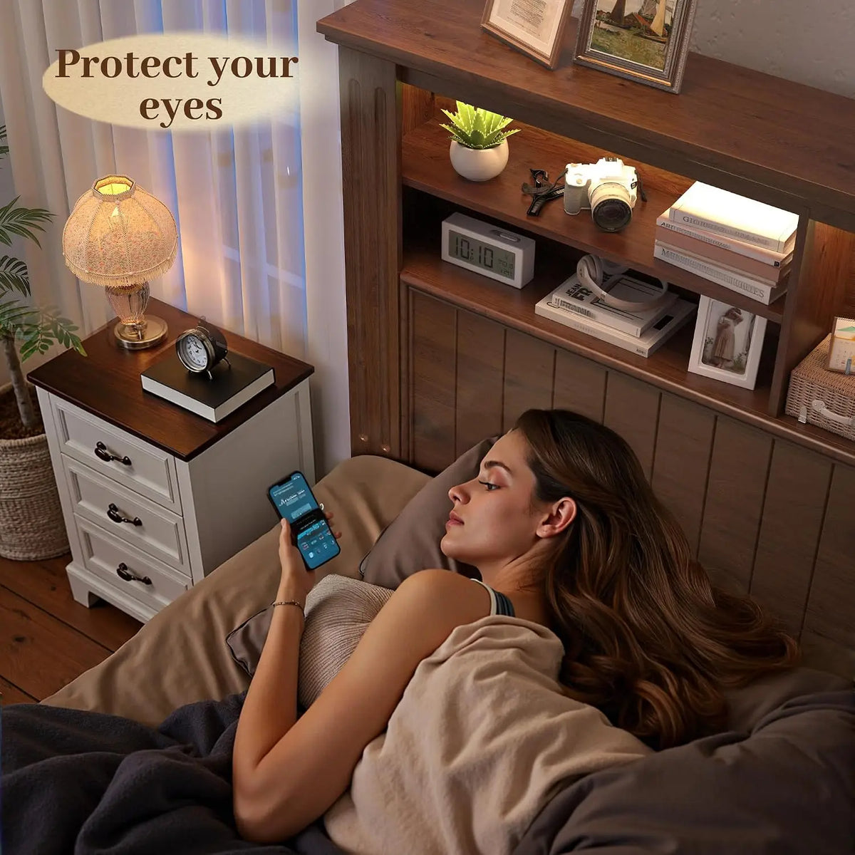Queen Bed Frame with 4 Storage Drawers and Headboard Shelf,Brown | LED Lights,Built in Charging Station,Noise-Free,No Box Spring