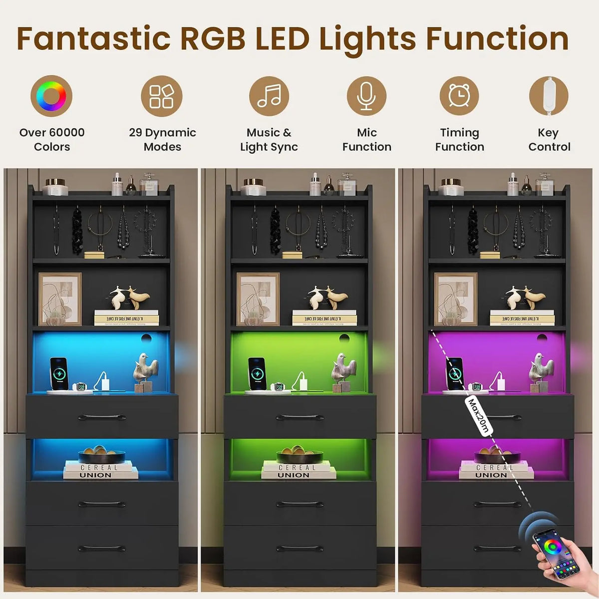 Tall Nightstand with Charging Station & LED, Black Bedside Table with Bookshelf & 3 Drawers, End Table for Bedroom, Customized