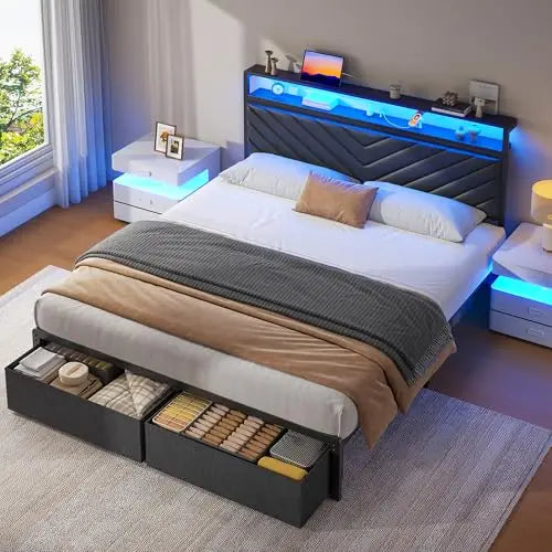 Queen Bed Frame with 2 Drawers, Upholstered Headboard with Storage and Charging Station, LED Lights, Fabric Drawers