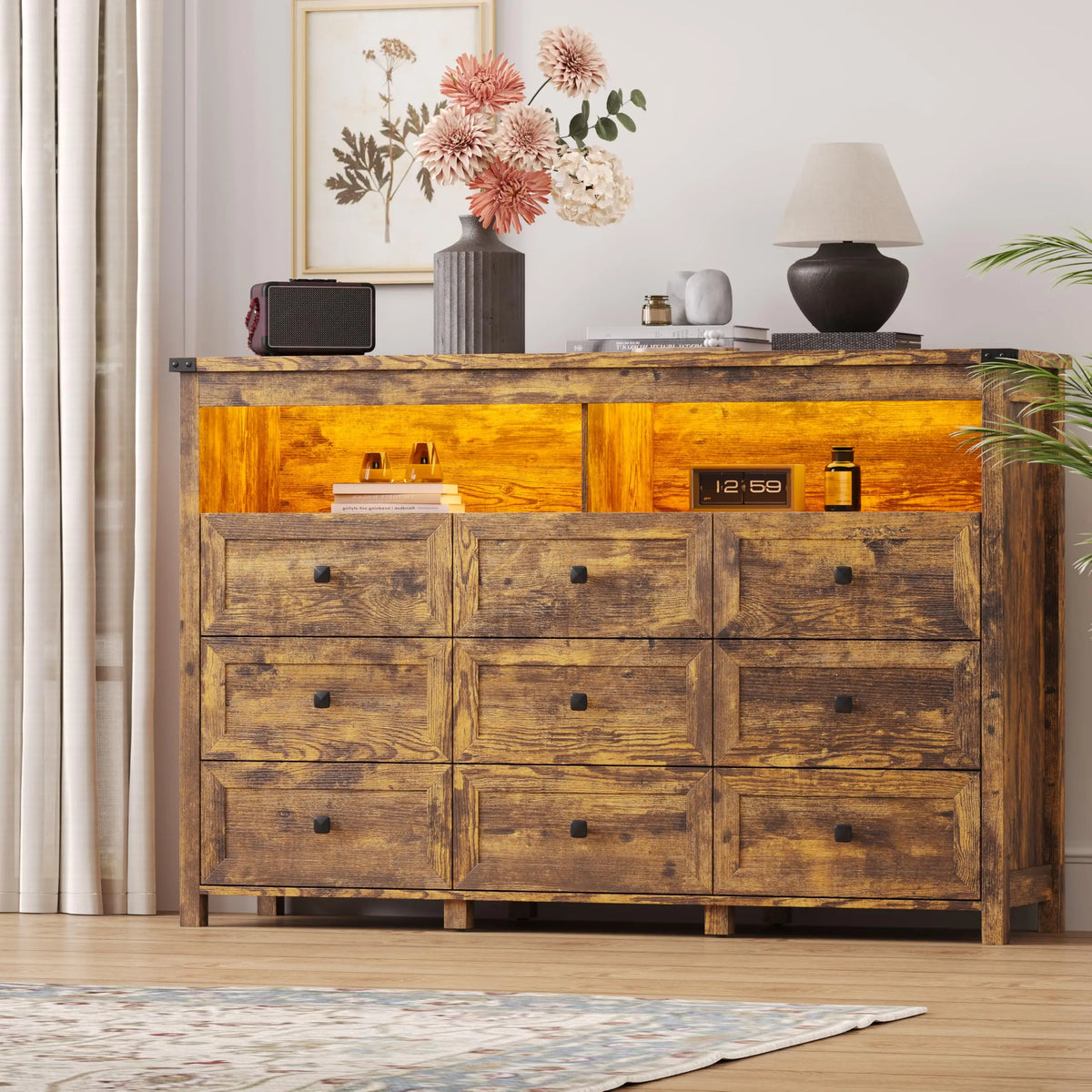 Dresser for Bedroom with 9 Drawers, LED Lights, Power Outlet, Black