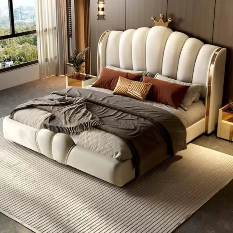 Modular Designer Aesthetic Bed Frame King Size Queen Double Bed Frame White Faux Leather Camas Matrimonial Bedroom Furniture