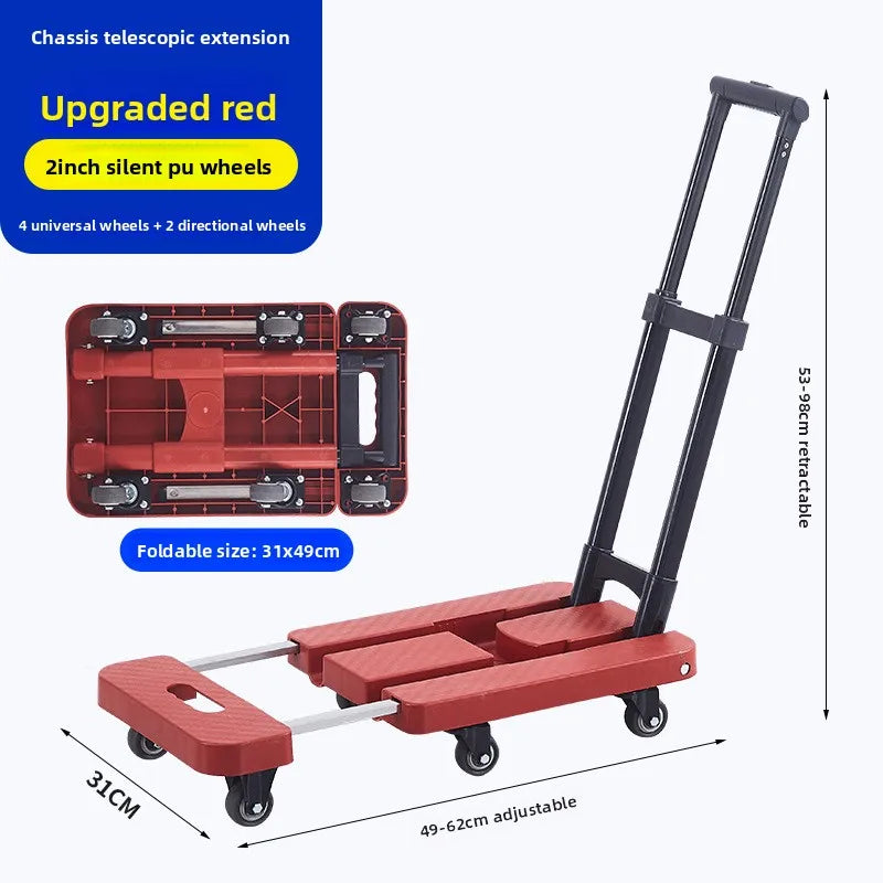 Portable Folding Hand Truck 100kg Load Capacity Home Cargo Flatbed Cart Mute/Regular Wheel Optional Luggage Trailer Drawbar Cart