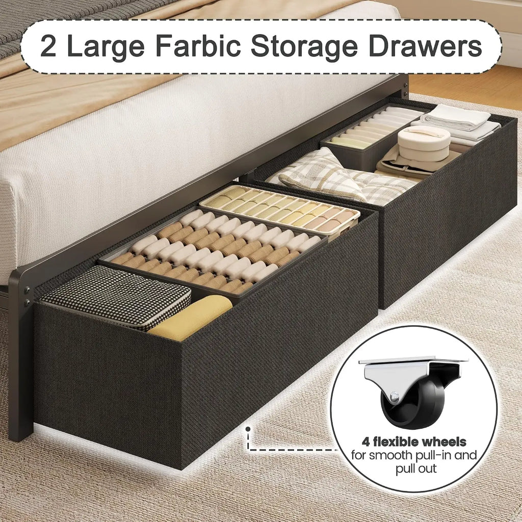 Queen Bed Frame with 2 Drawers, Upholstered Headboard with Storage and Charging Station, LED Lights, Fabric Drawers