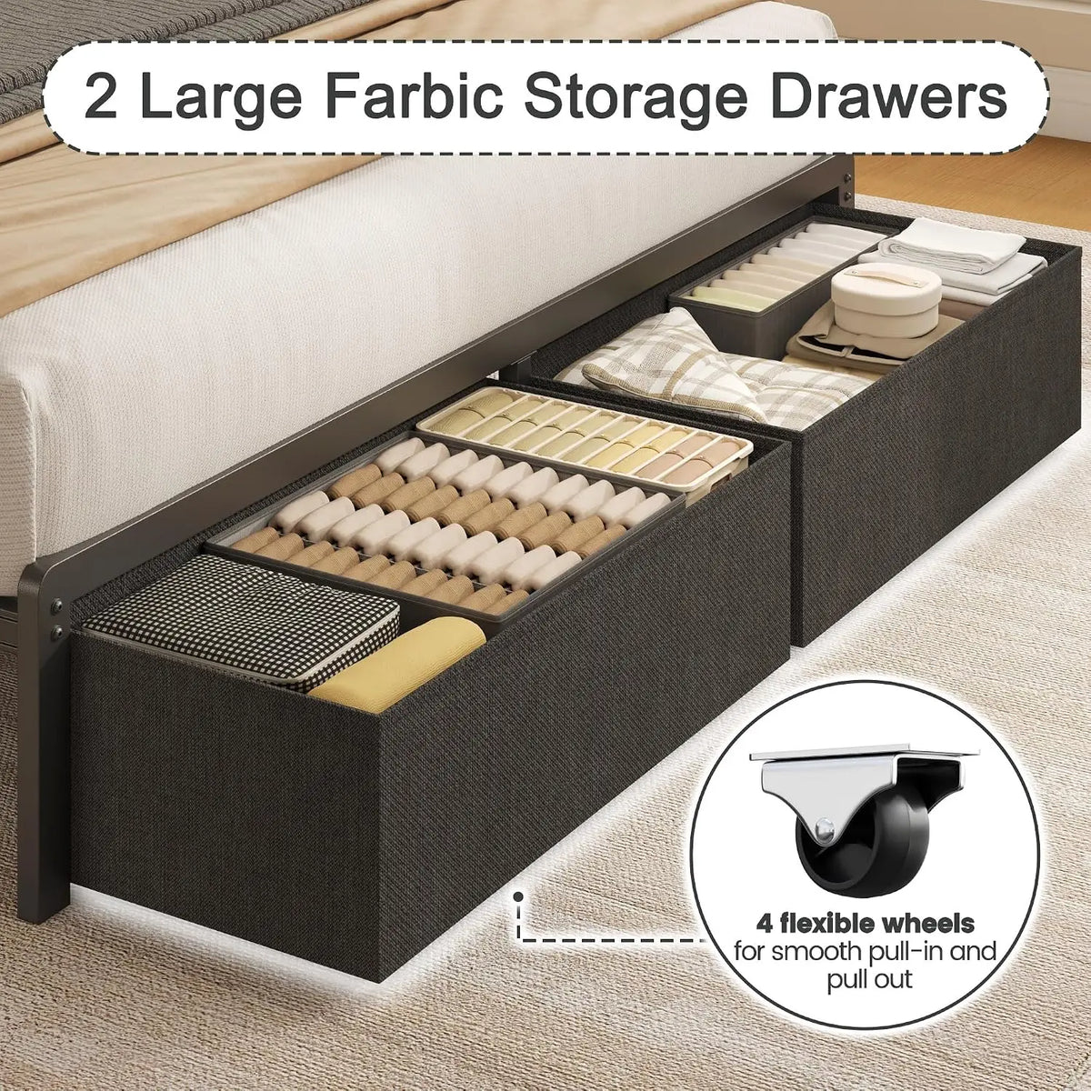 Queen Bed Frame with 2 Drawers, Upholstered Headboard with Storage and Charging Station, LED Lights, Fabric Drawers