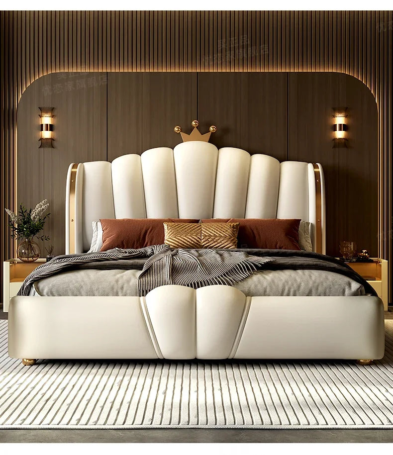Modular Designer Aesthetic Bed Frame King Size Queen Double Bed Frame White Faux Leather Camas Matrimonial Bedroom Furniture