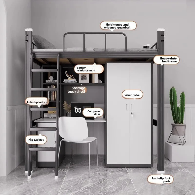 Upper Bed Lower Table Combined Bed College Dormitory Elevated Bed Small Apartment Household Wrought Iron Bed Apartment Bed