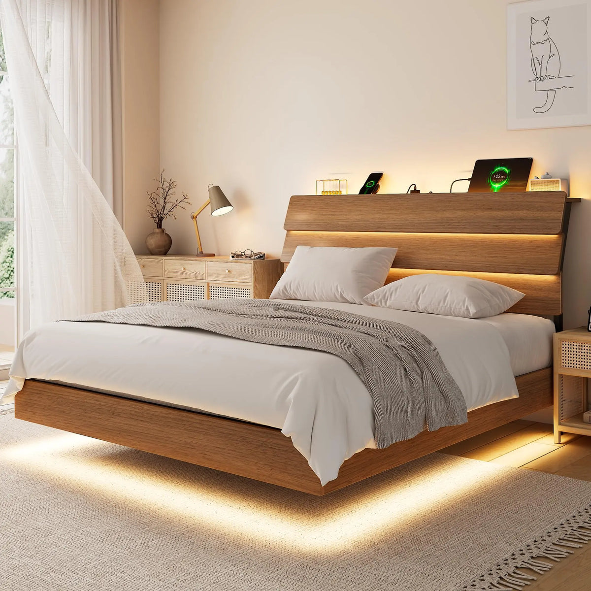 Queen Floating Bed Frame with LED Lights & Charging Station, Platform Bed with Wooden Storage Headboard, Steel Slats