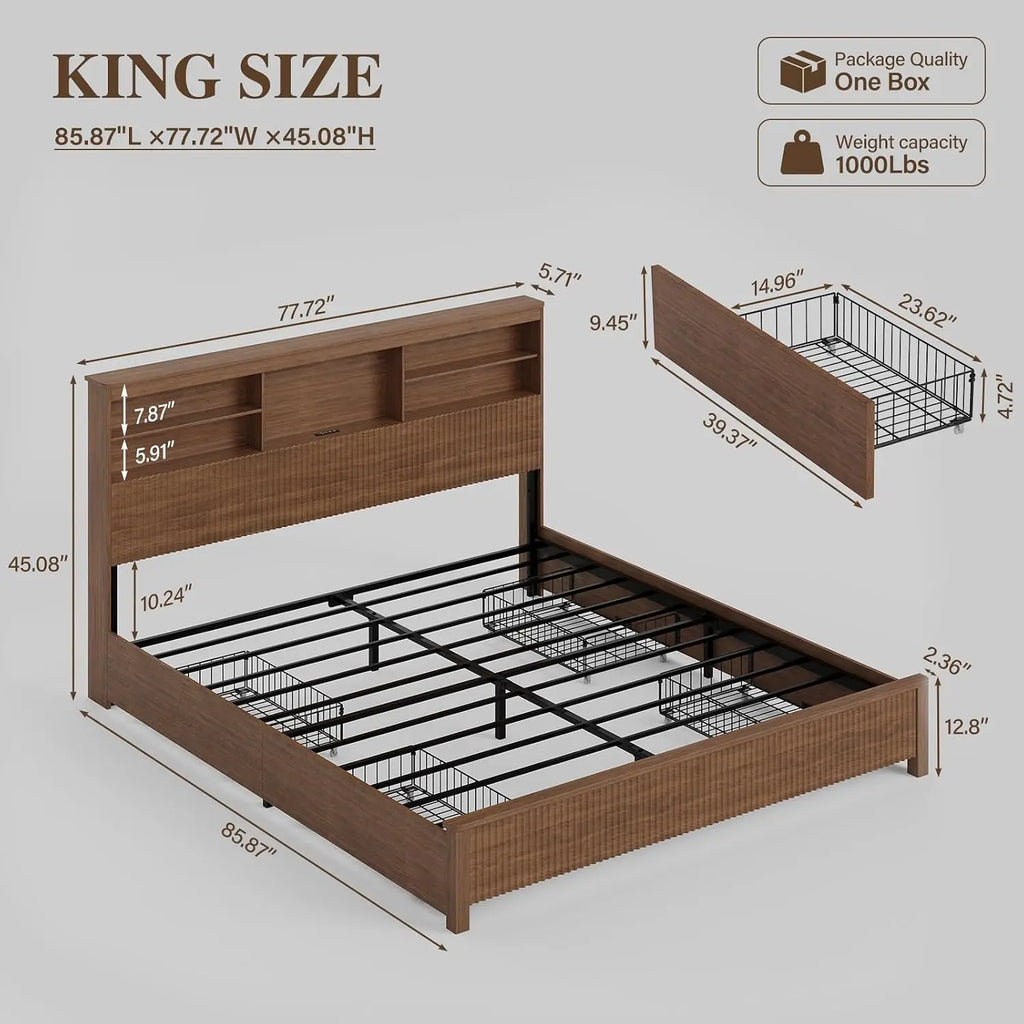 King Bed Frame with 4 Storage Drawers for Bedroom, Customized