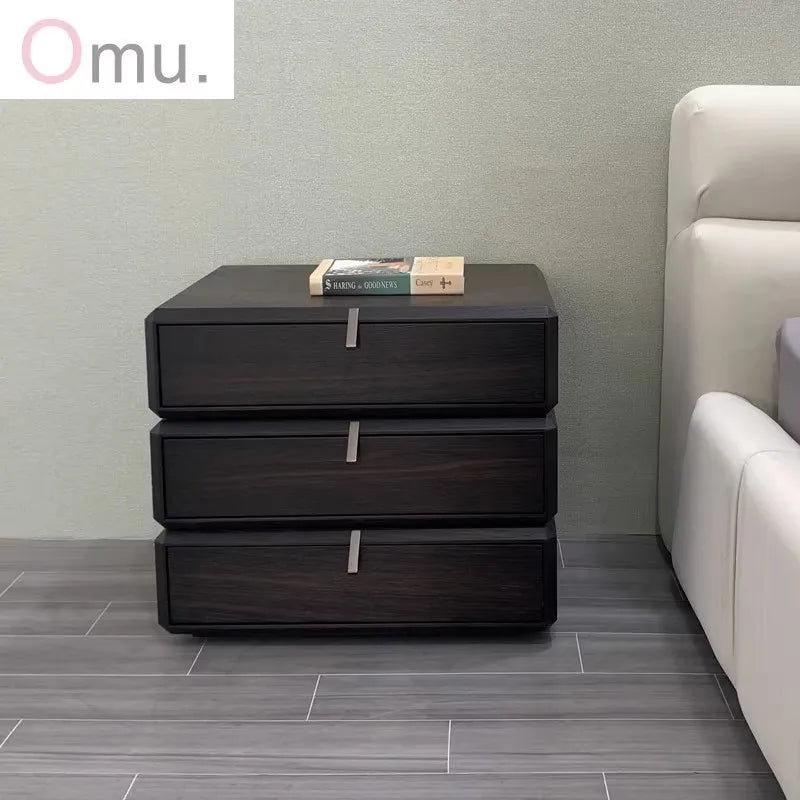 #Italian Style Minimalist Solid Wood Swivel Nightstand with Glass Top Chest Drawers Modern Light Luxury Home Bedroom Furniture