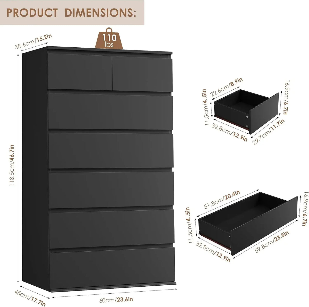 Black Dresser, Dresser for Bedroom, 7 Drawer Chest of Drawers